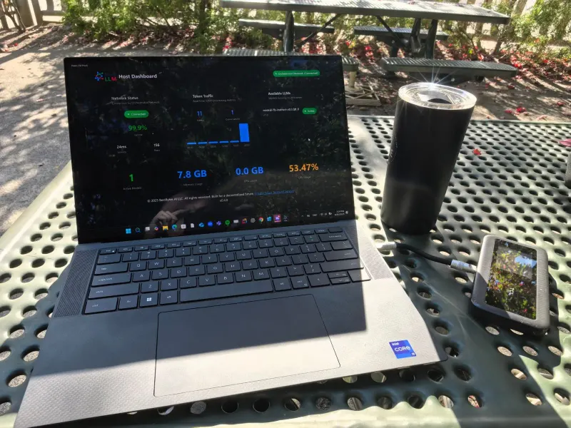 A PeerLLM host serving from a park picnic table — the network does not care where you sit.