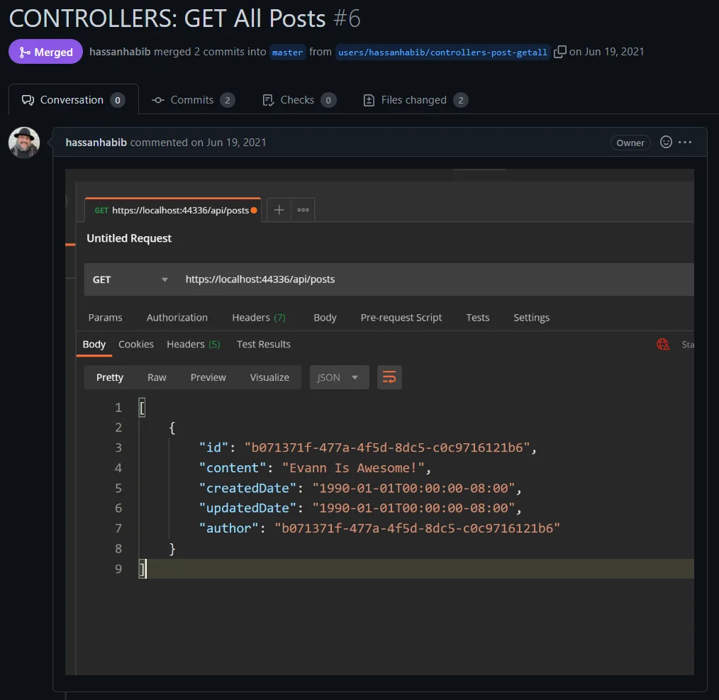A merged pull request titled "CONTROLLERS: GET All Posts", with a screenshot of the endpoint's response in its description